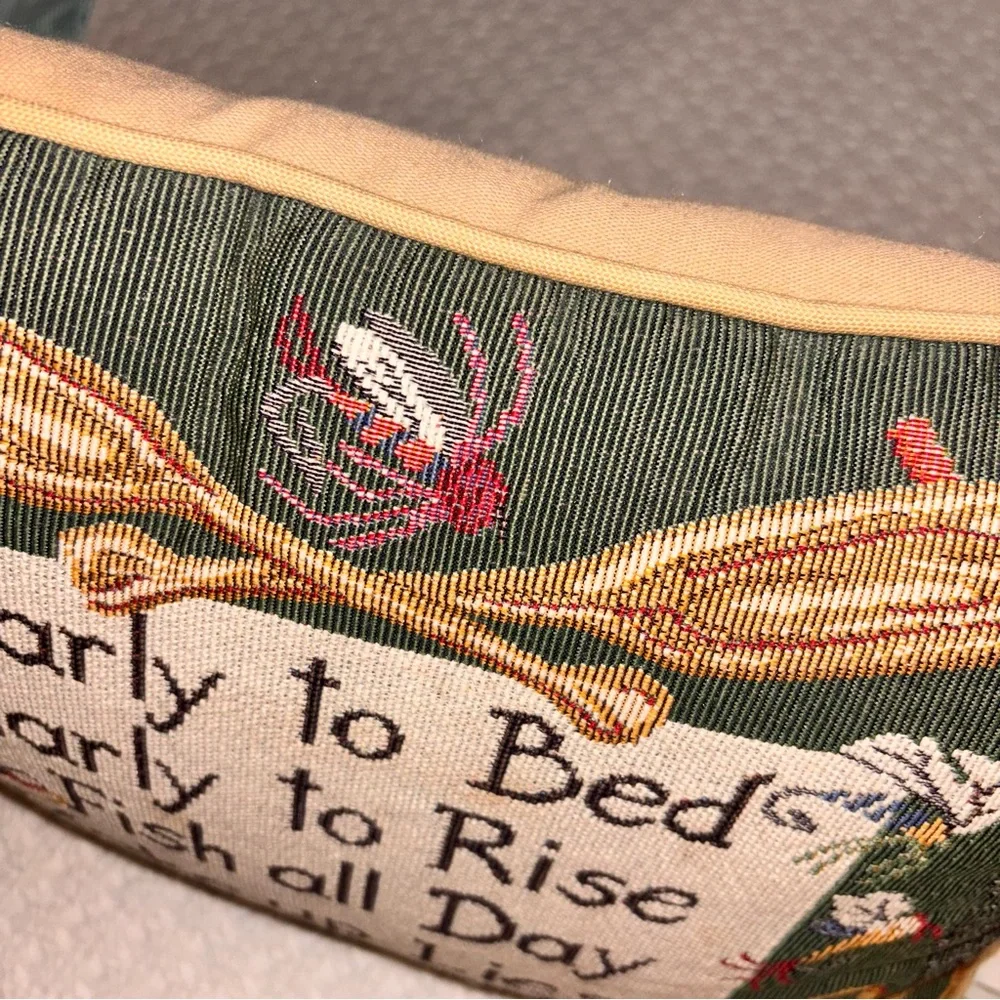 Vintage Riverdale fishing theme tapestry accent pillow early to bed early rise